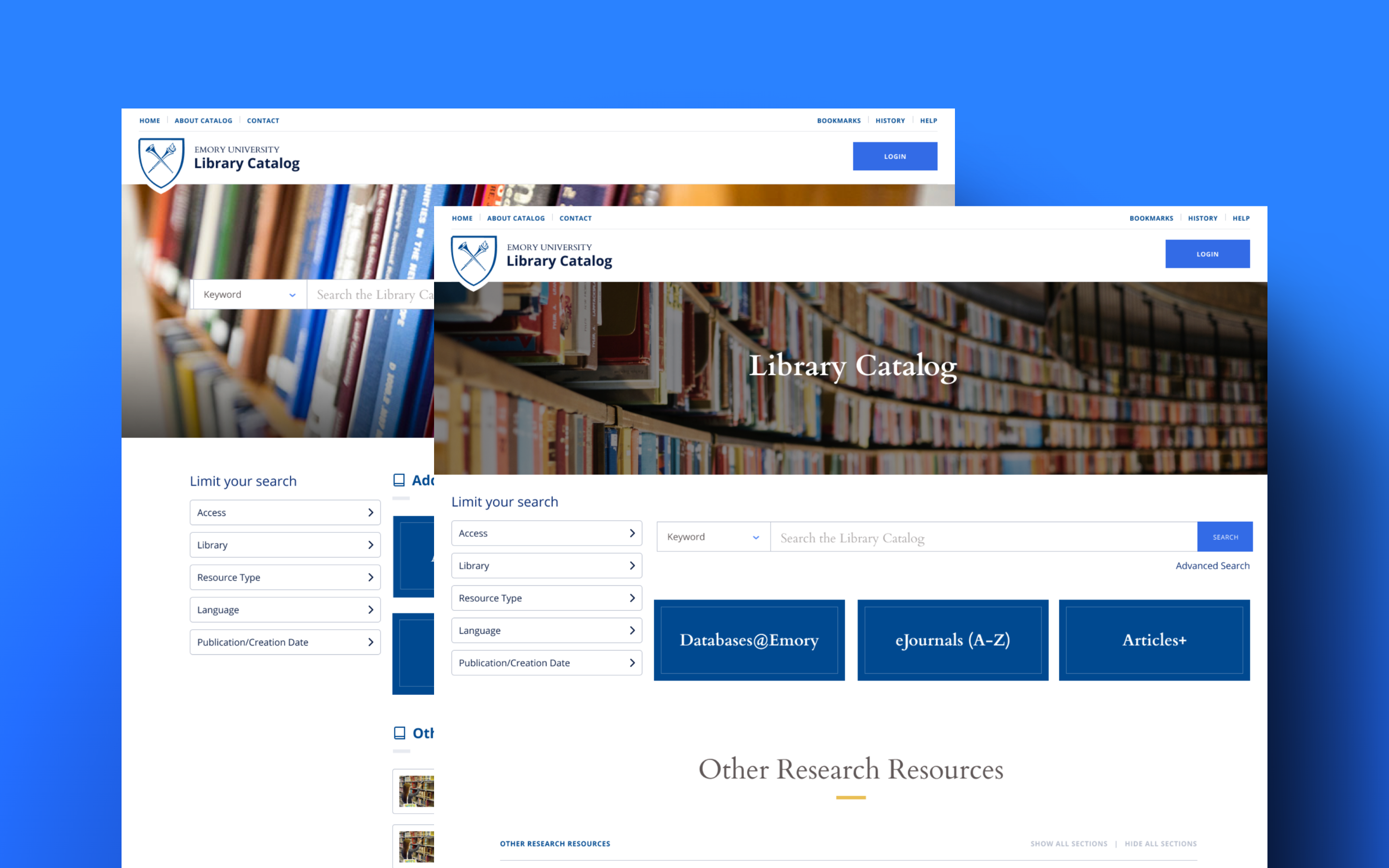 Homepage design of Emory University's Library Catalog